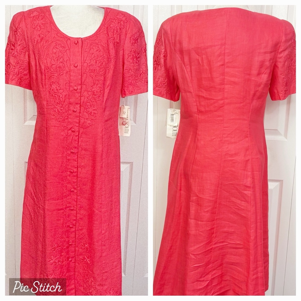 NWT Vintage Plaza South Coral Pink Embroidered Button Down Dress 12P